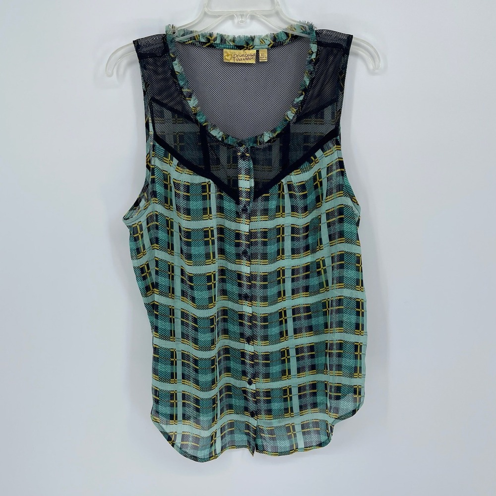 Princess Vera Wang Women's Teal Plaid Mesh Trim Sleeveless‎ Blouse Size XL